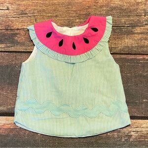 Girls' Sleeveless Striped Dress with Pink Watermelon Collar and Ricrac